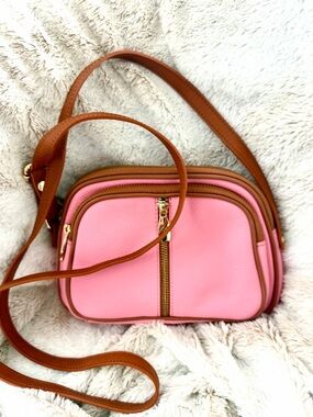 Valentina Leather Pink Crossbody Bag with Brown Trim